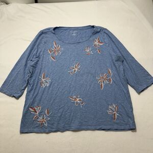 Talbots Plus Petite Women's 2XP Blue Floral 3/4 Sleeve T Shirt Embroidered